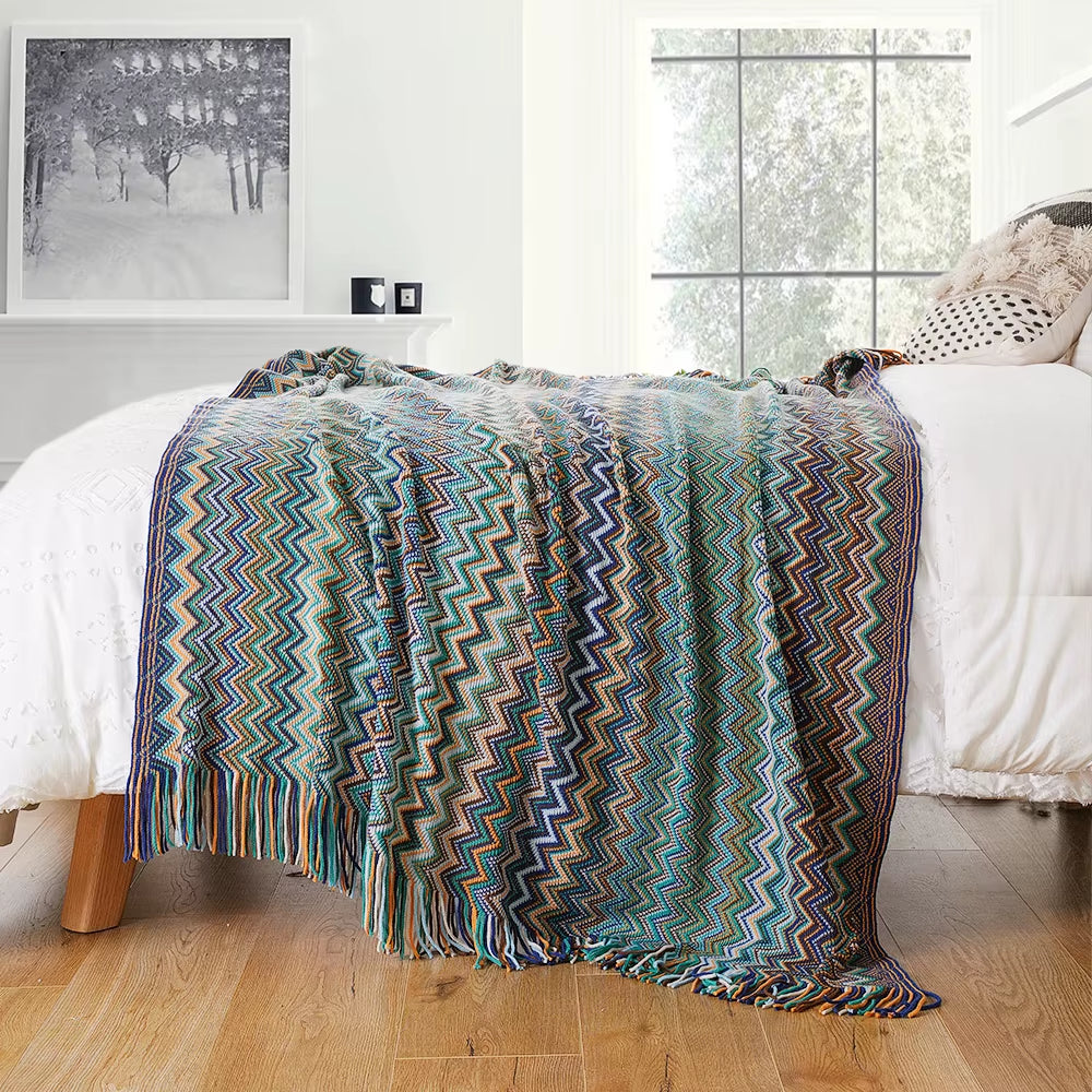 Battilo Boho Throw Blanket Lightweight Knit Throw with Tassels Bohemian Woven Sofa Blankets Soft Bed Plaid Decorative Blanket
