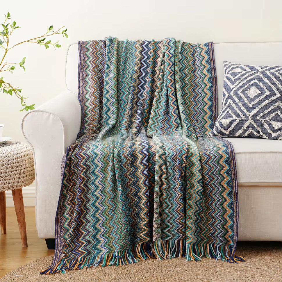 Battilo Boho Throw Blanket Lightweight Knit Throw with Tassels Bohemian Woven Sofa Blankets Soft Bed Plaid Decorative Blanket