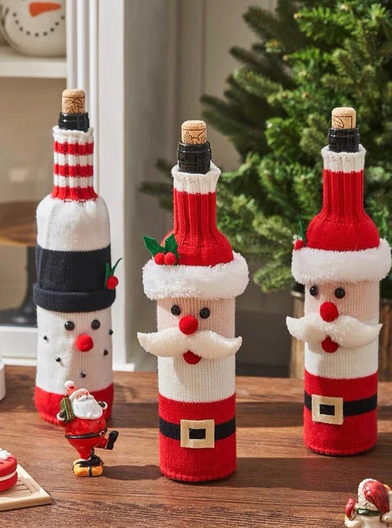 Cute Knitted Christmas Wine Bottle Cover Sleeves Set of 3 Pcs for Table Setting
