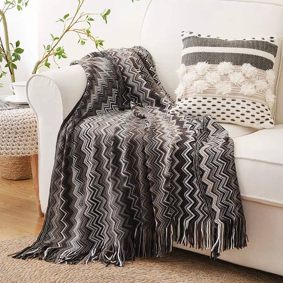 Battilo Boho Throw Blanket Lightweight Knit Throw with Tassels Bohemian Woven Sofa Blankets Soft Bed Plaid Decorative Blanket
