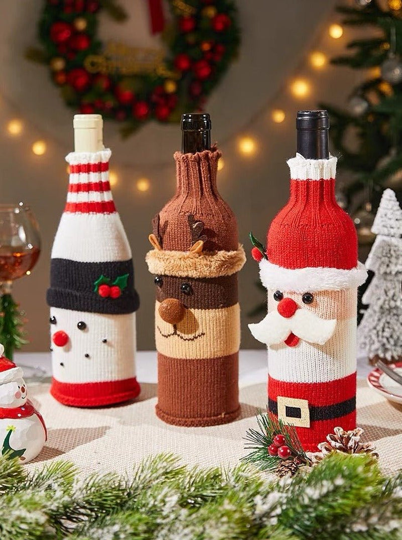 Cute Knitted Christmas Wine Bottle Cover Sleeves Set of 3 Pcs for Table Setting