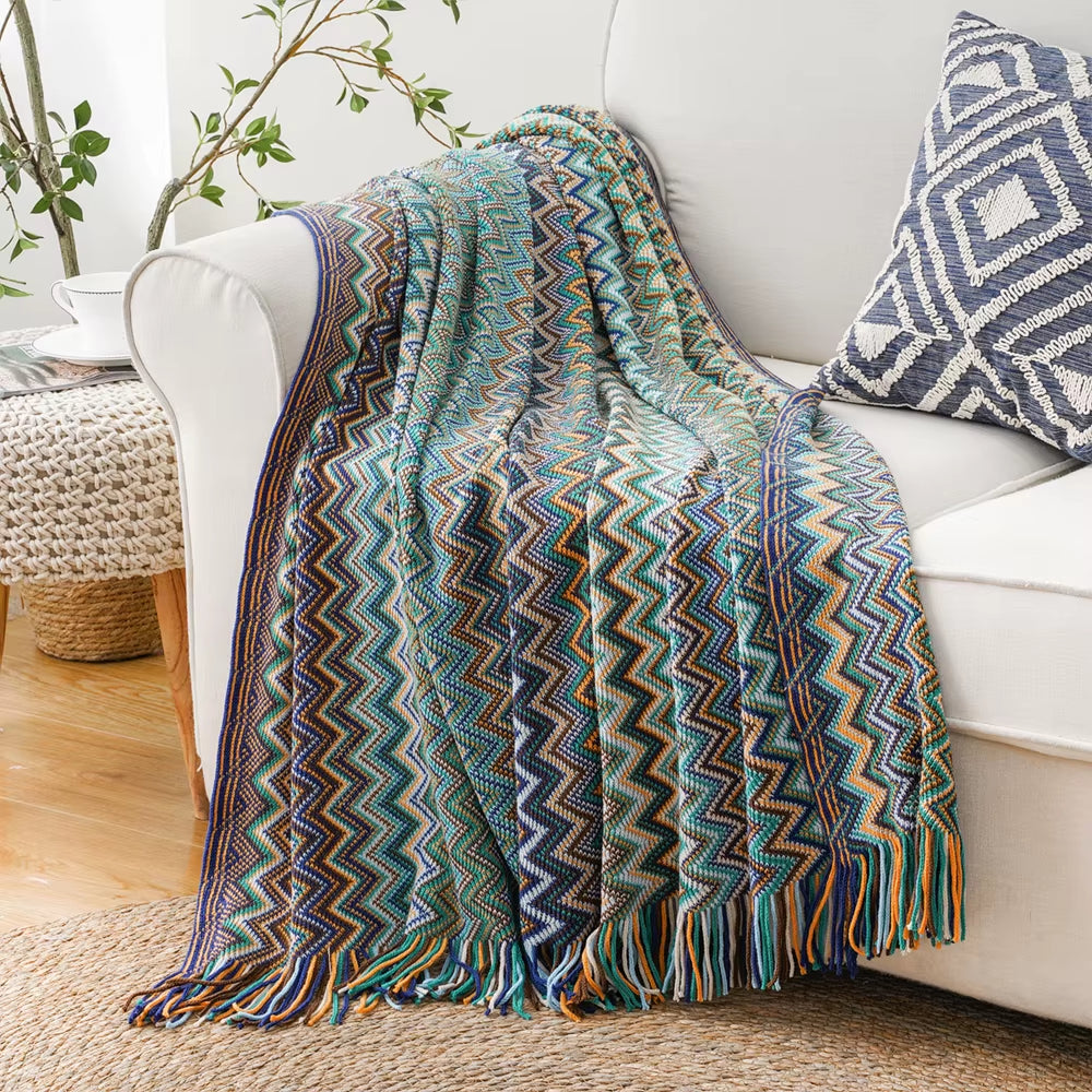 Battilo Boho Throw Blanket Lightweight Knit Throw with Tassels Bohemian Woven Sofa Blankets Soft Bed Plaid Decorative Blanket