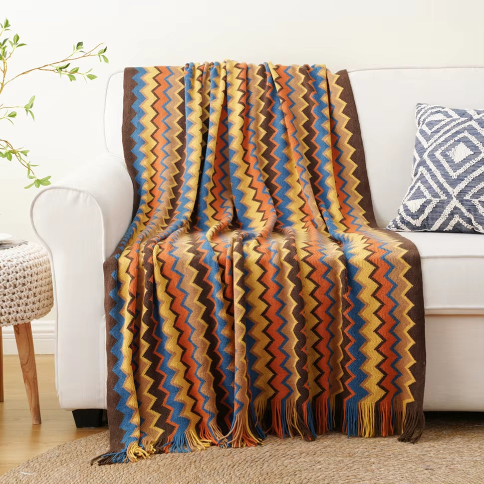 Battilo Boho Throw Blanket Lightweight Knit Throw with Tassels Bohemian Woven Sofa Blankets Soft Bed Plaid Decorative Blanket