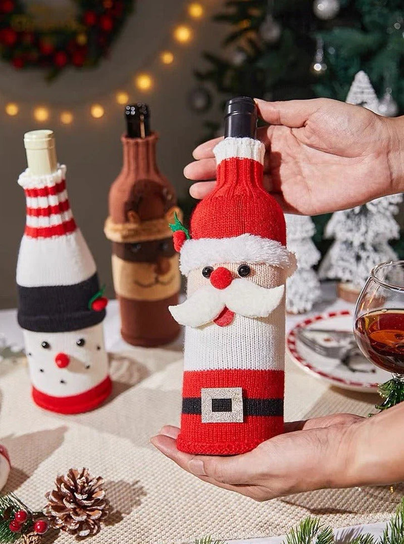 Cute Knitted Christmas Wine Bottle Cover Sleeves Set of 3 Pcs for Table Setting