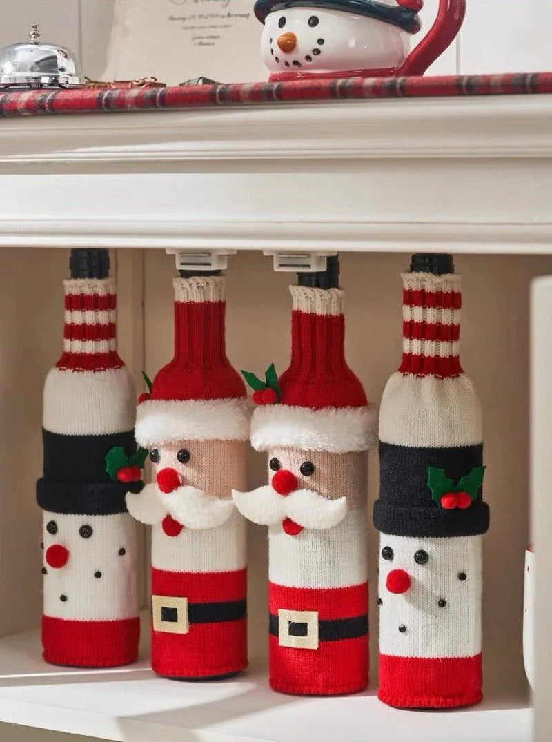 Cute Knitted Christmas Wine Bottle Cover Sleeves Set of 3 Pcs for Table Setting