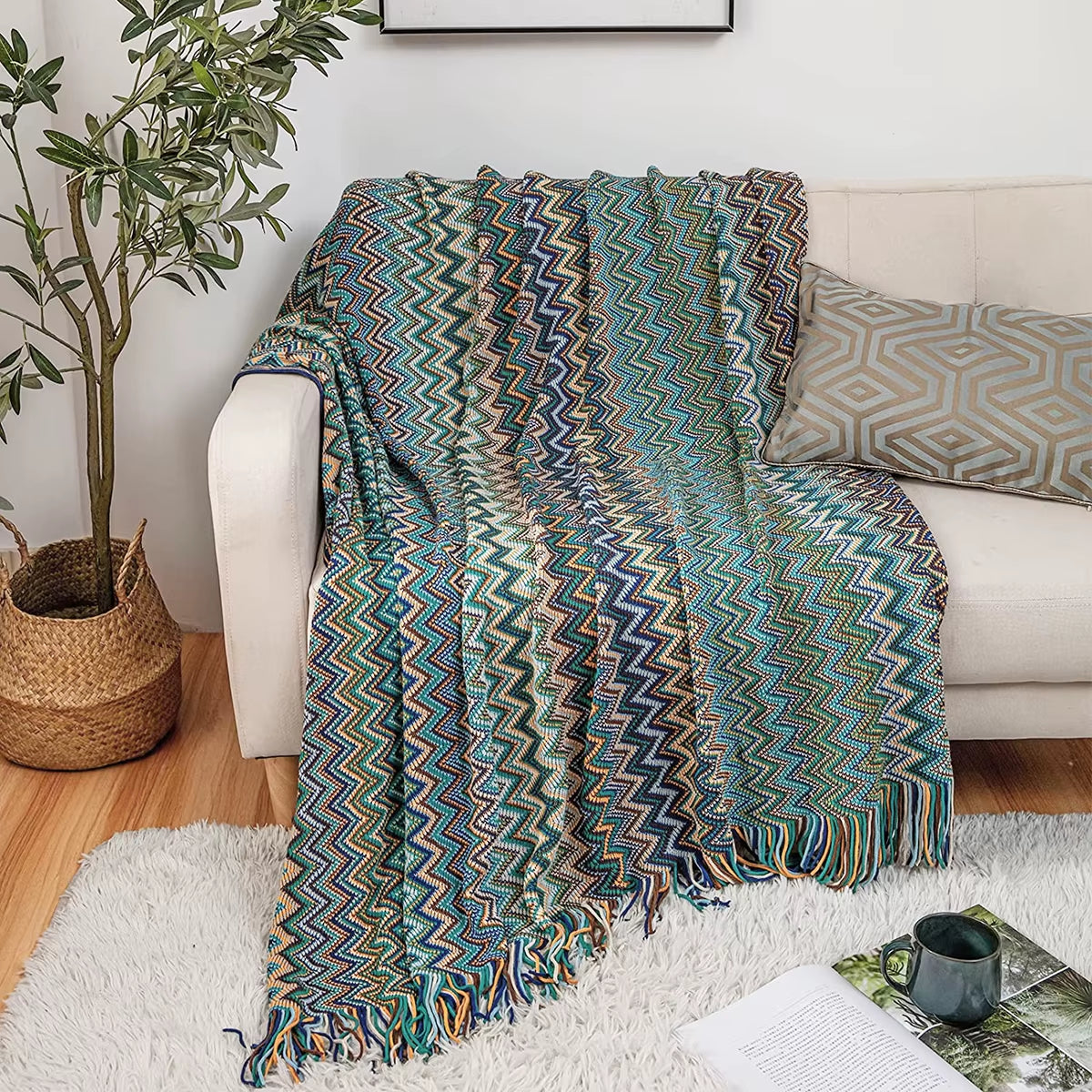 Battilo Boho Throw Blanket Lightweight Knit Throw with Tassels Bohemian Woven Sofa Blankets Soft Bed Plaid Decorative Blanket
