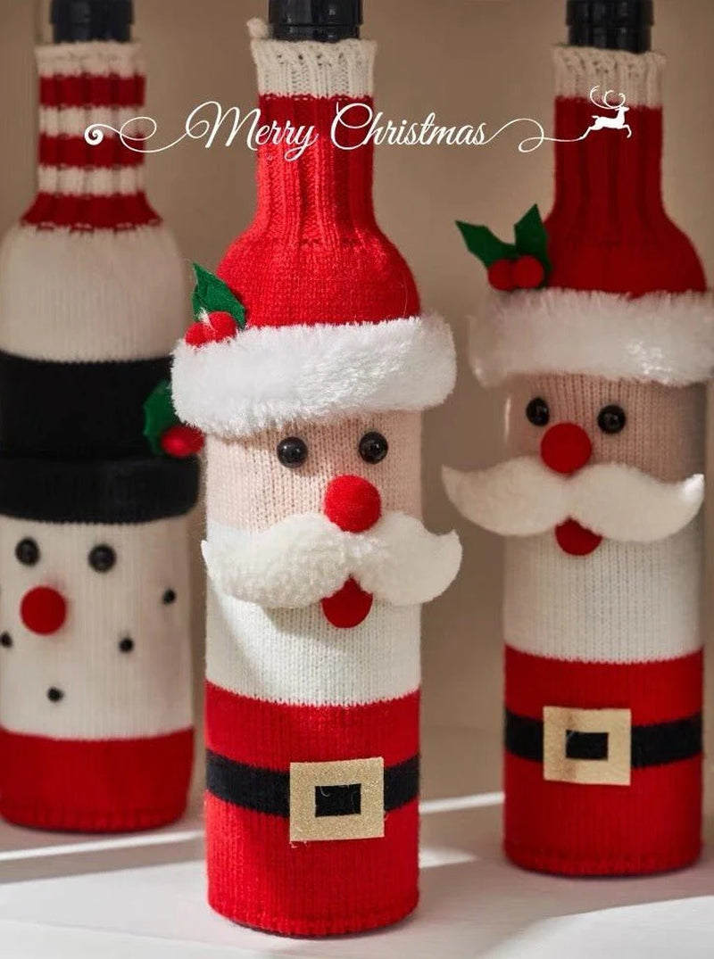 Cute Knitted Christmas Wine Bottle Cover Sleeves Set of 3 Pcs for Table Setting