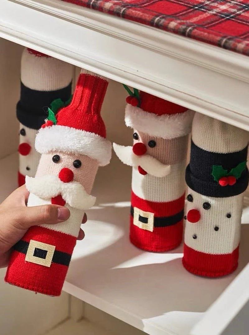 Cute Knitted Christmas Wine Bottle Cover Sleeves Set of 3 Pcs for Table Setting