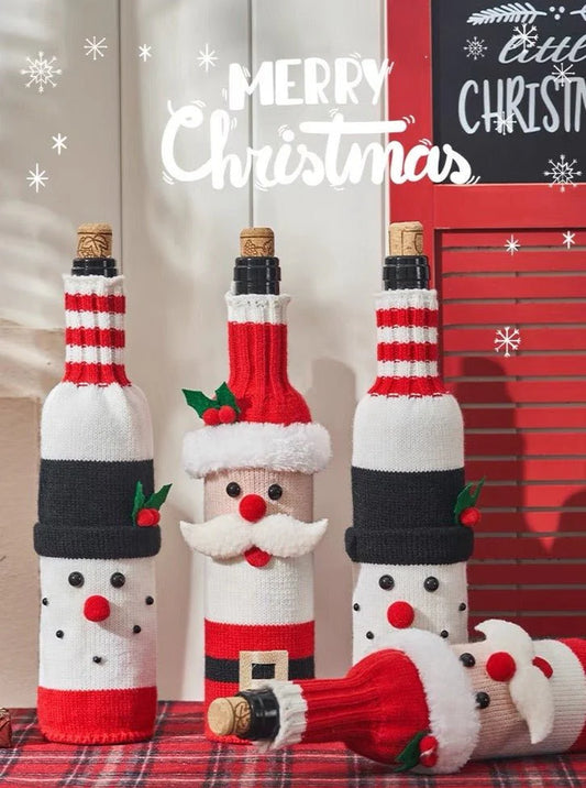 Cute Knitted Christmas Wine Bottle Cover Sleeves Set of 3 Pcs for Table Setting