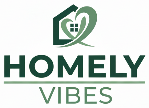 Logo of Homely Vibes with a green heart and house design on a white background