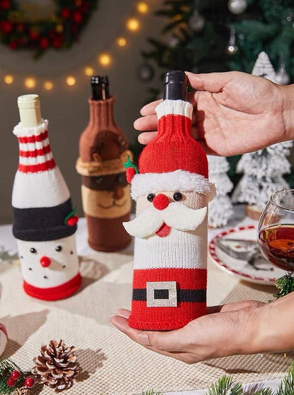 Cute Knitted Christmas Wine Bottle Cover Sleeves Set of 3 Pcs for Table Setting